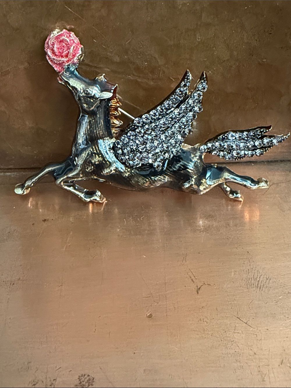 Rhinestone Winged Horse Brooch in Gunmetal and Pink Vintage Inspired Jewelry New